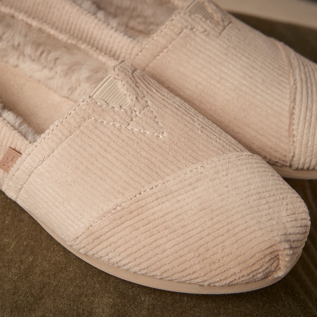 Close up laydown image of the oatmeal velvet ribbed alpargata