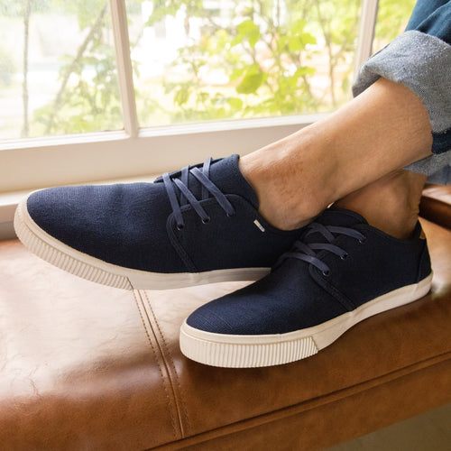 carlo sneaker lace up in navy up close detail shot