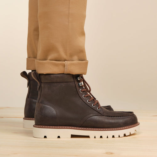 palomar boot in dark brown detail shot on model up close