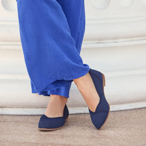 Jutti Neat Almond Shaped Flat Dress Casual Shoe In Navy Mesh On Model Up Close Detail Shot