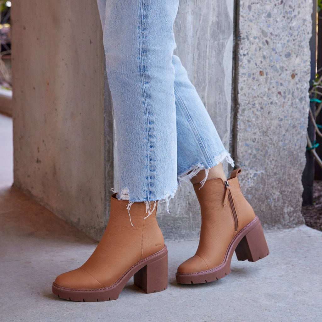Rya platform boot in tan leather with brown platform sole on model detail shot