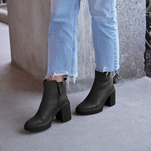 rya black leather platform boot with chunky heel up close detail shot