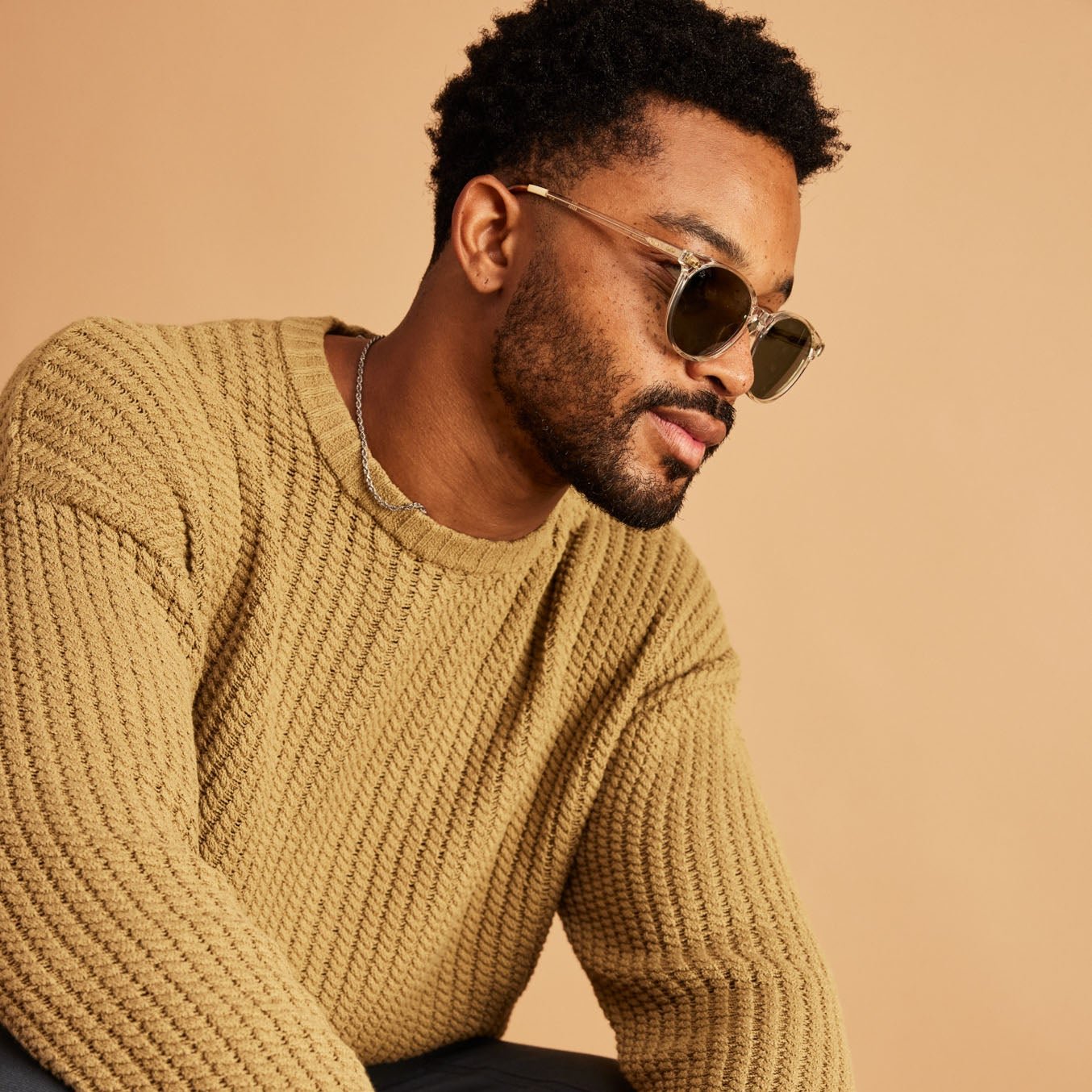 bellini sunglasses on male model up close detail shot