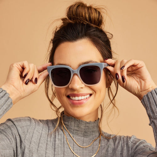 natasha chunky blue fade sunglasses on model detail shot