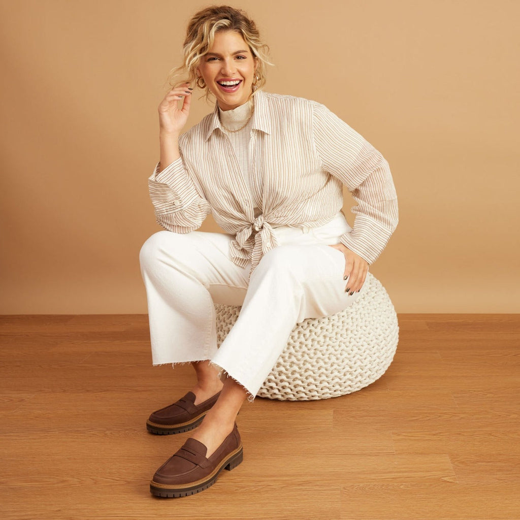 cara loafer in dark brown leather on model 