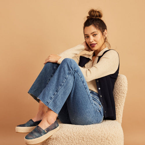 valencia rope platform espadrille on model styled in fall casual outfit