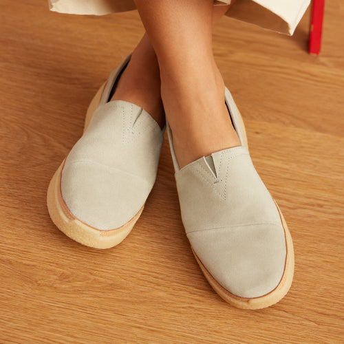 adelaide slip on casual shoe on model up close detail shot in clay suede