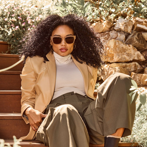 natasha sunglasses on model dressed in fall wardrobe detail shot