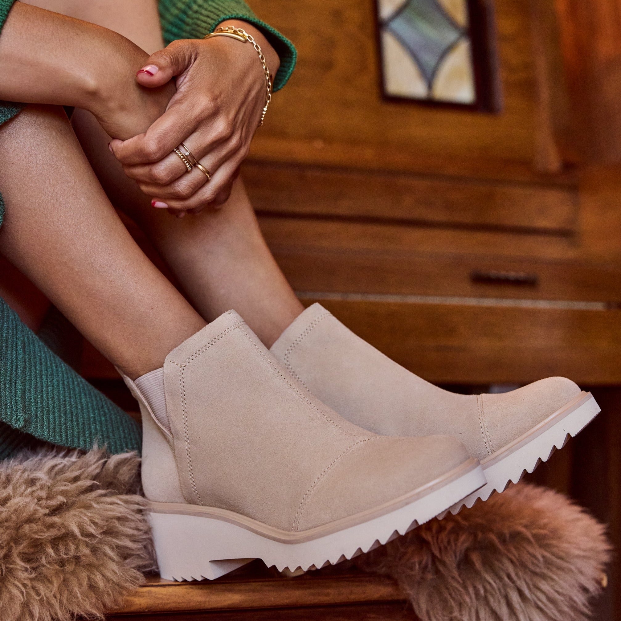 maude wedge boot in oatmeal suede up close detail shot