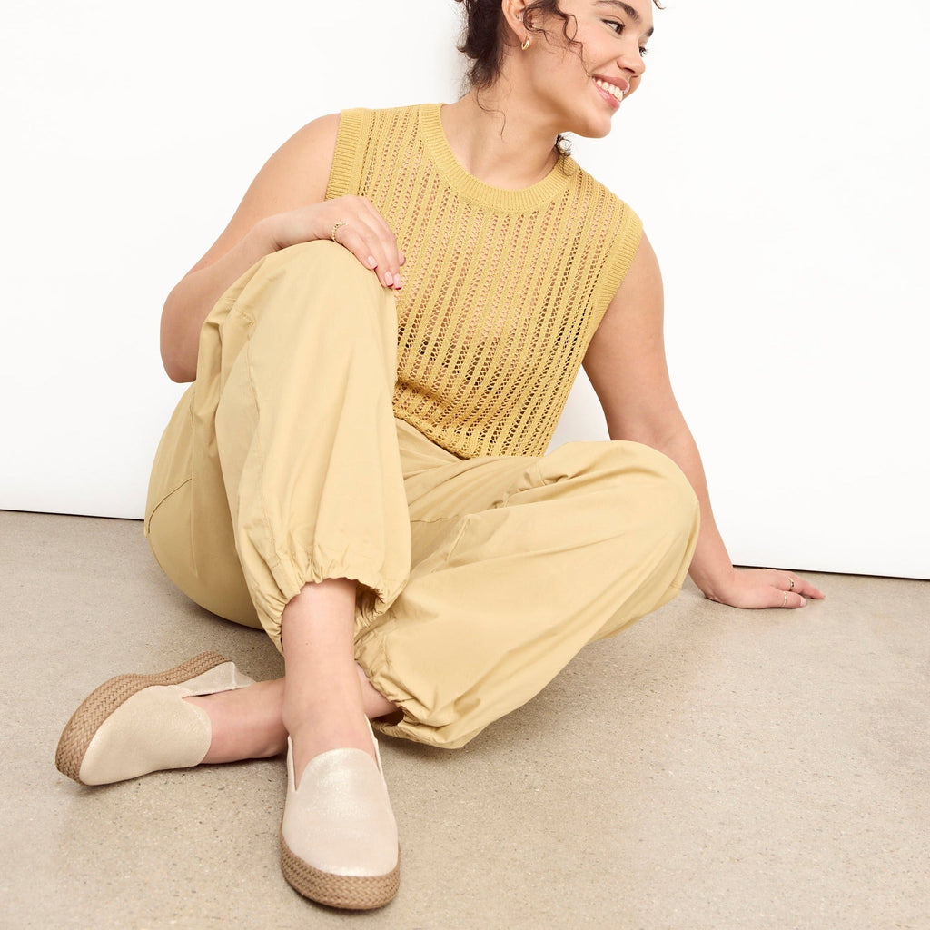 carolina leather wrap espadrille in champagne metallic on model detail shot