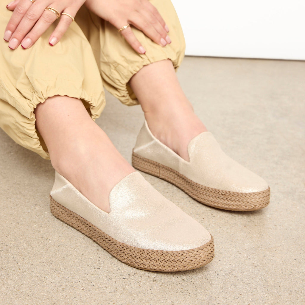 carolina champagne suede leather wrap espadrille up close on model detail shot