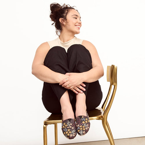 alpargata wildflower print casual slip on shoe on model detail shot