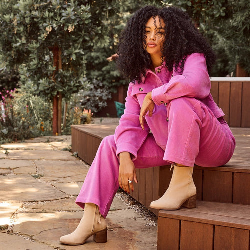 evelyn boot on model sitting on steps detail shot