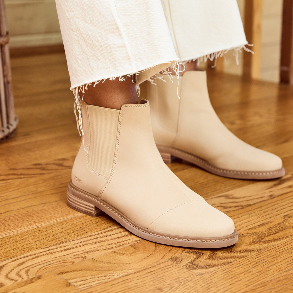 charlie chelsea boot in oatmeal suede on model up close detail shot