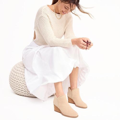 kaia wedge boot in oatmeal suede on model