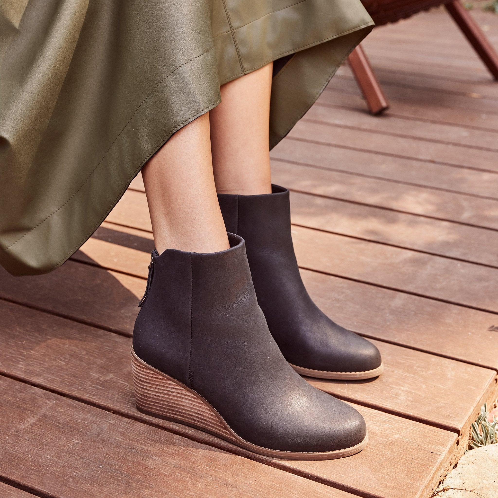 casey wedge boot in black leather up close detail shot