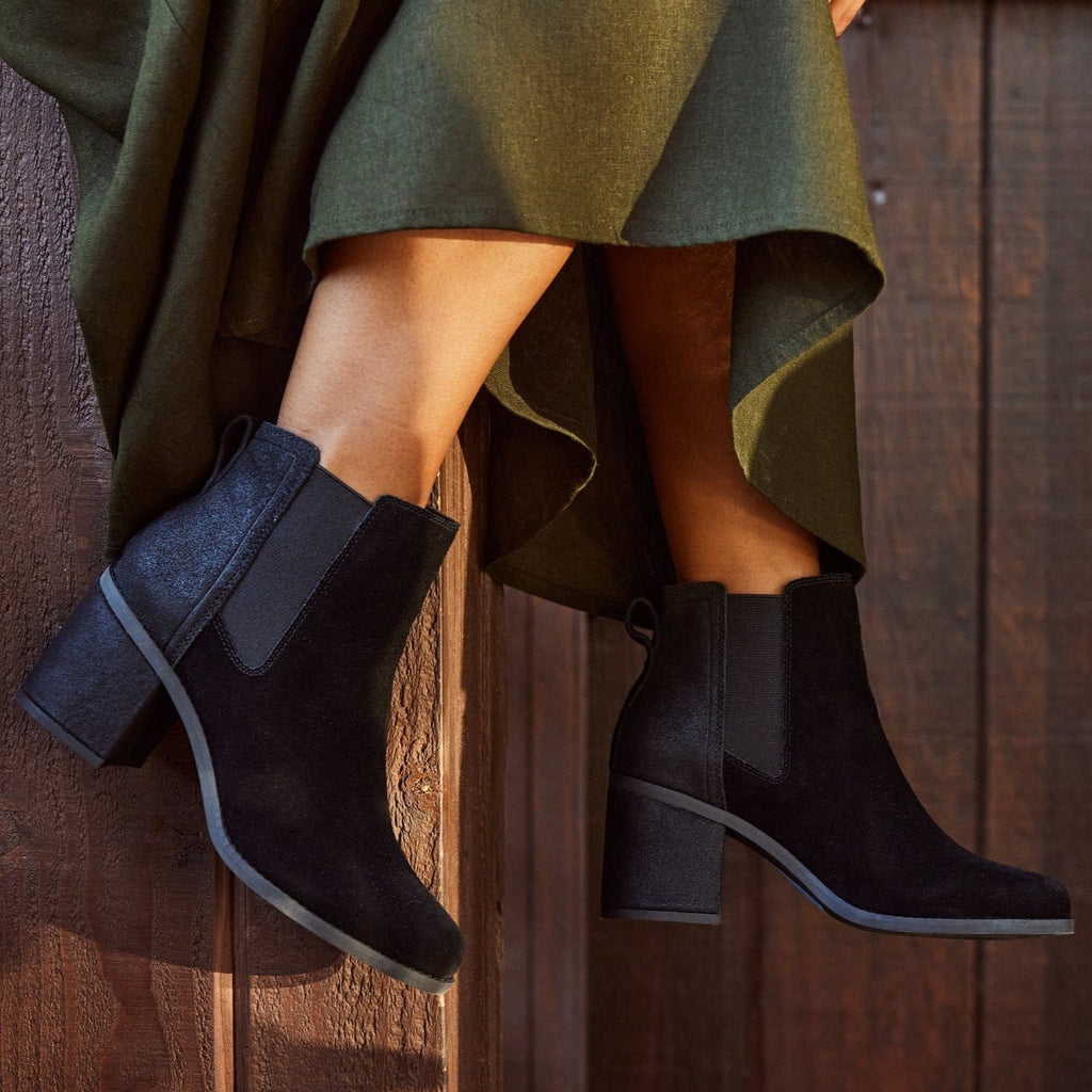 evelyn chelsea block heel boot on model up close detail shot