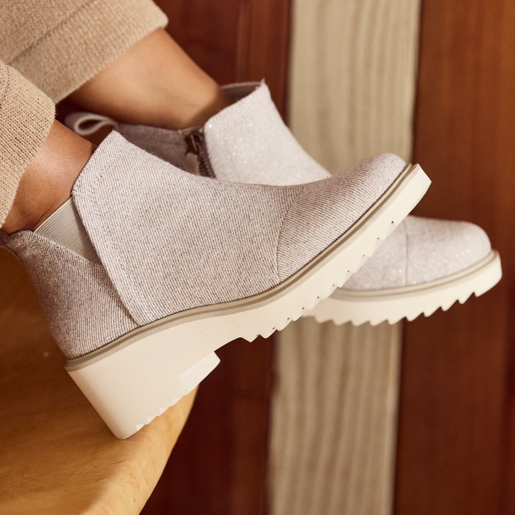 maude wedge boot in natural shimmer up close detail shot