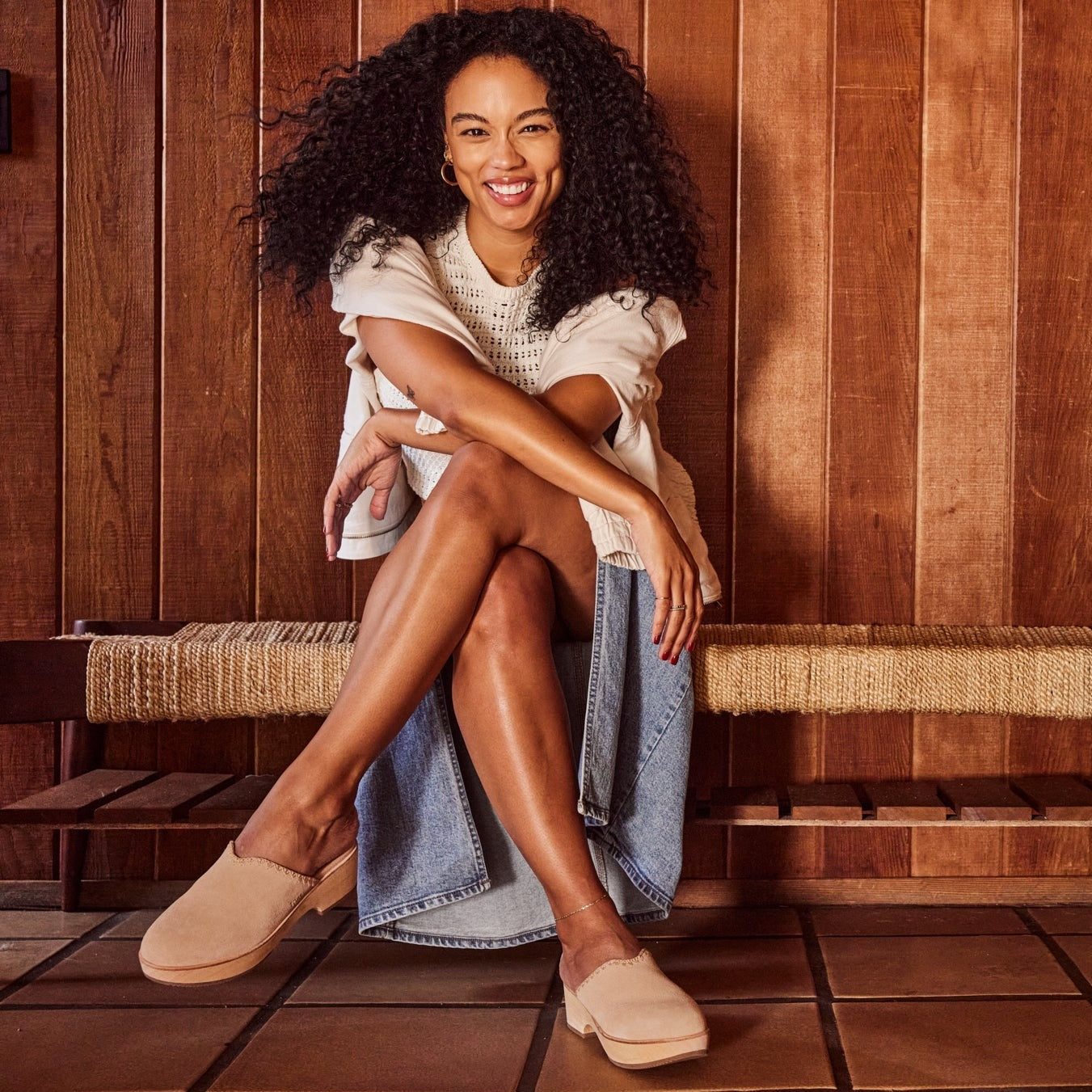 addison clog in natural suede with tonal stitching n model