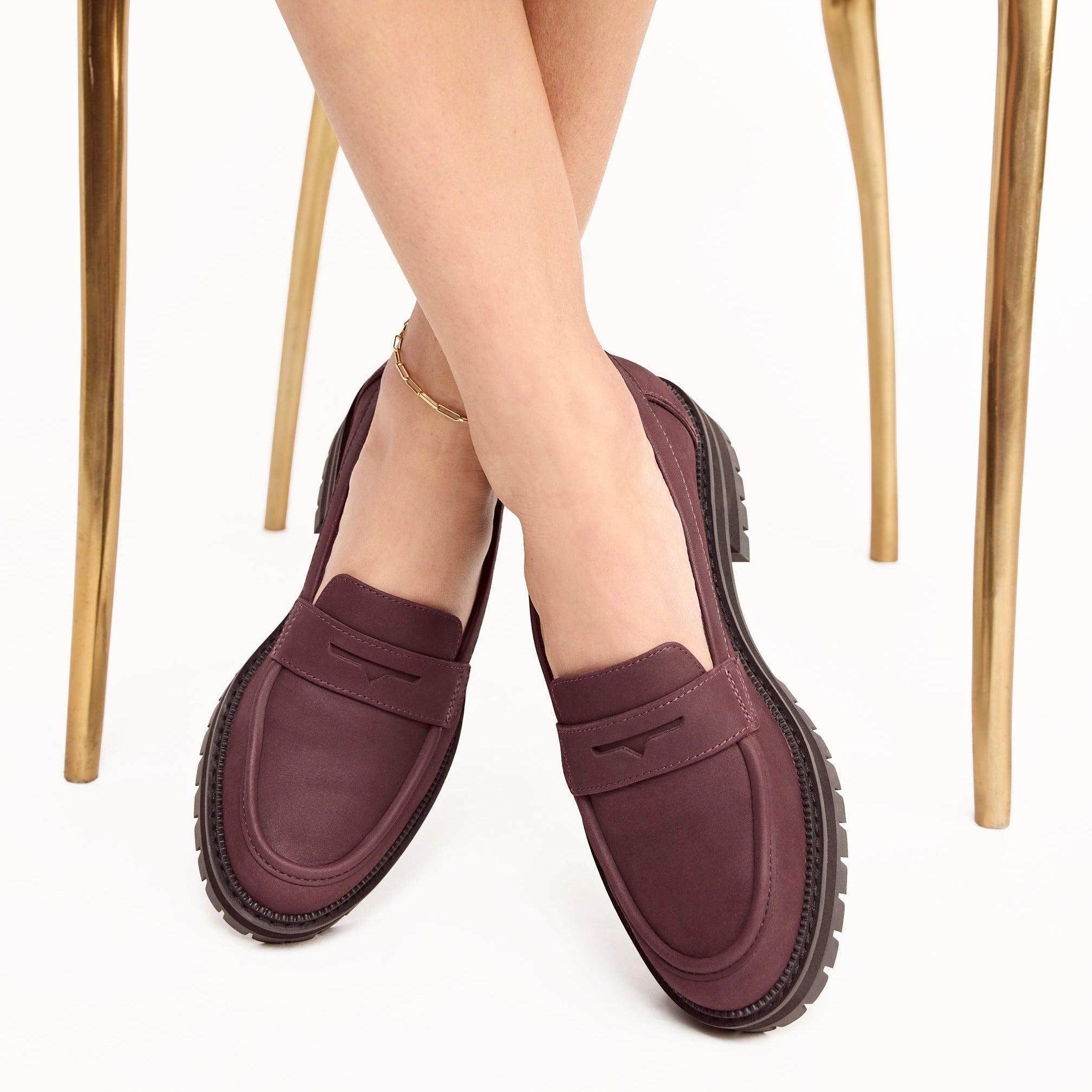 cara loafer in blackberry leather on model up close detail shot
