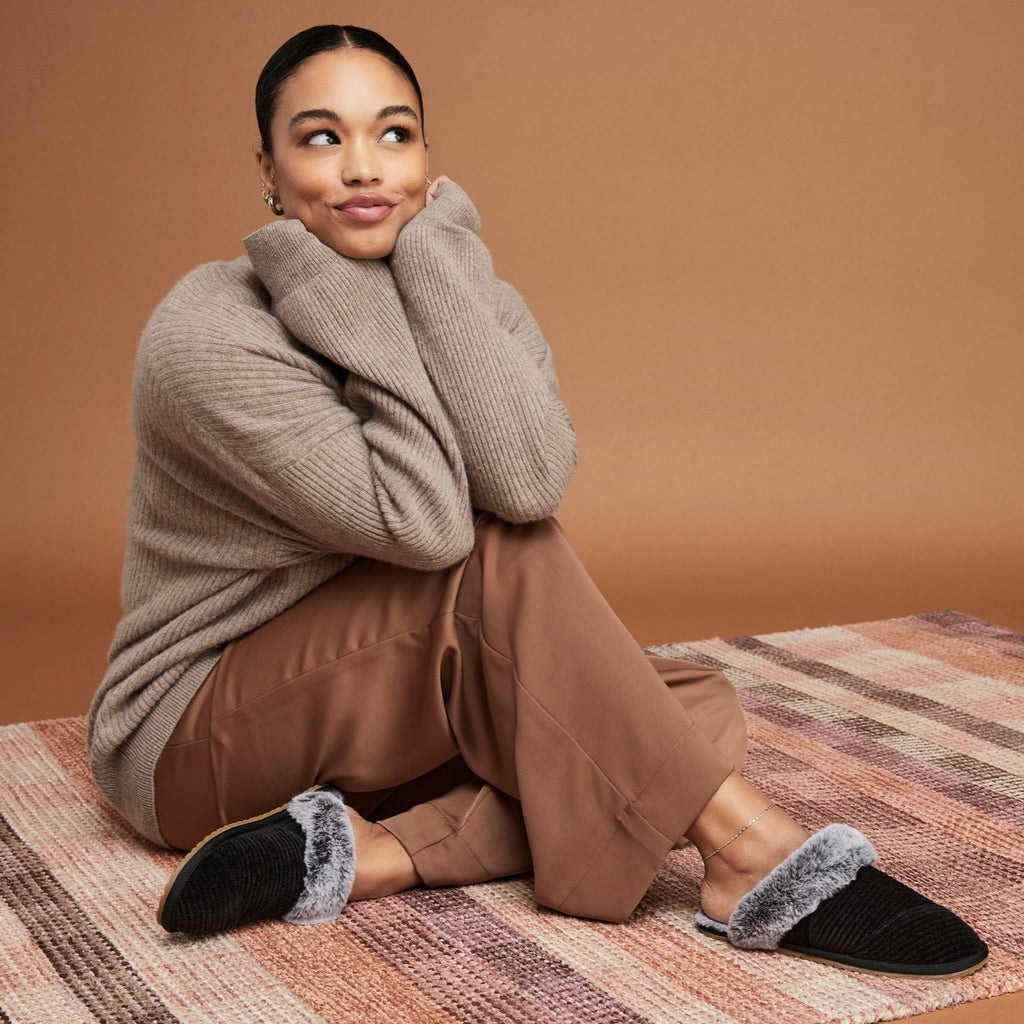 Valerie Slipper - Black Rib Knit Front View on model lifestyle shot