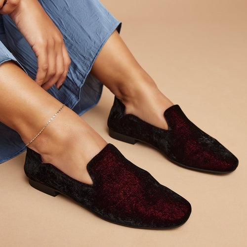 Lara Flat in Deep Burgundy Jewel Velvet up close on model