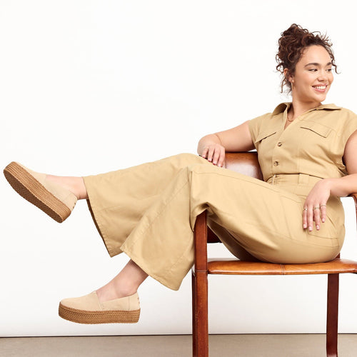 valencia leather wrap espadrille in tan suede on model