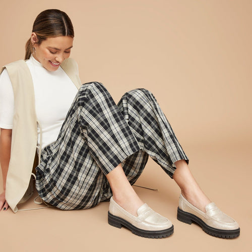 cara lug loafer in champagne metallic suede on model