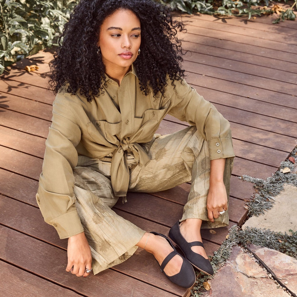 bianca black leather mary jane flat on model