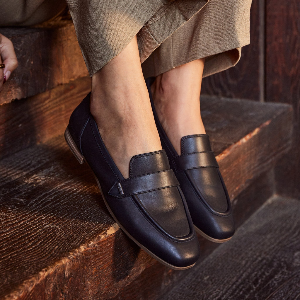 lynette black leather loafer on model up close detail shot