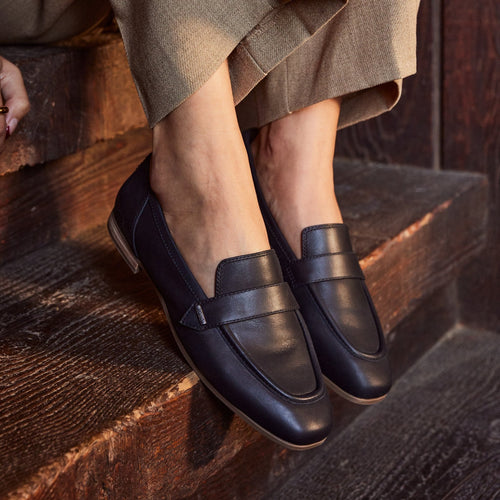 lynette black leather loafer on model up close detail shot