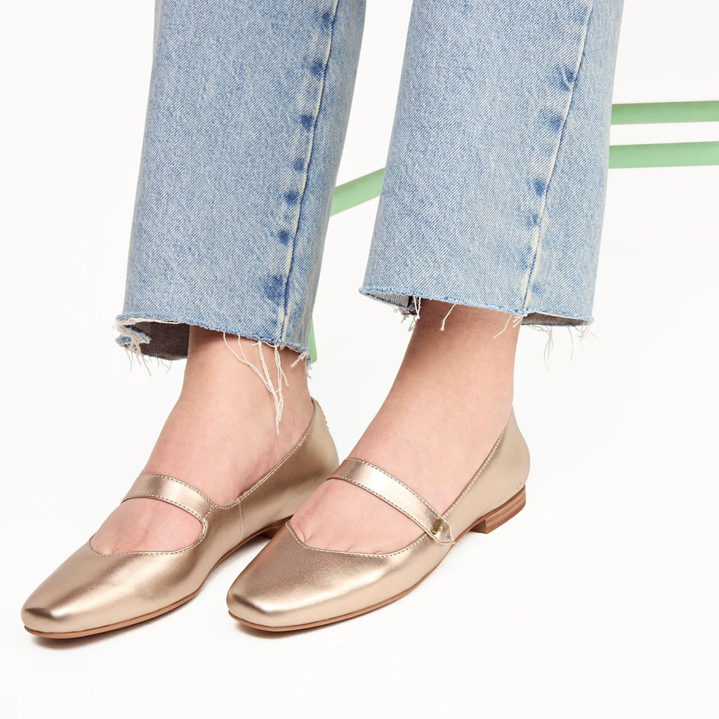 Bianca Gold Mary Jane Flat On Model Up Close