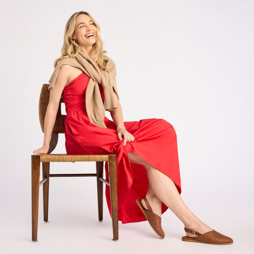 On figure image of the amber brown woven basket faux leather Jade Slingback flat