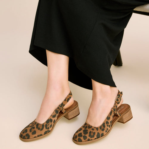 On figure image of the brown sugar leopard suede Jaclyn Slingback heels