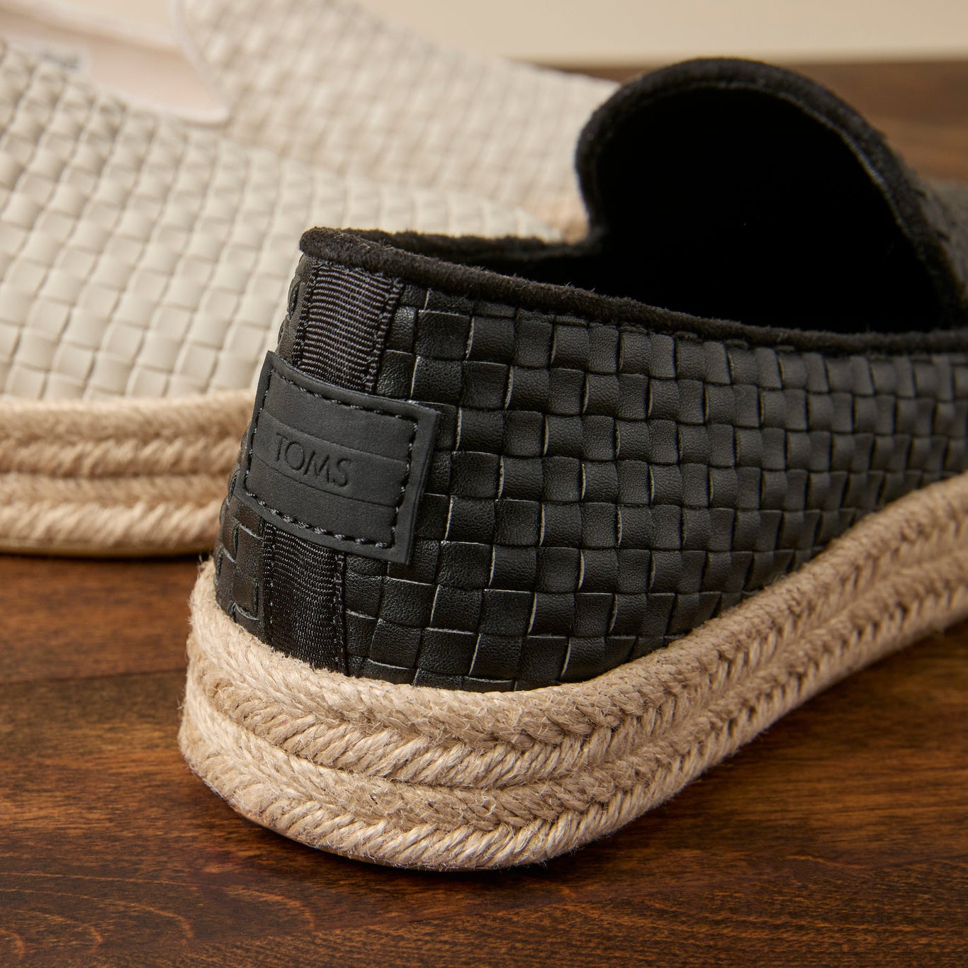 Detail shot of the black basket woven Carolina espadrille