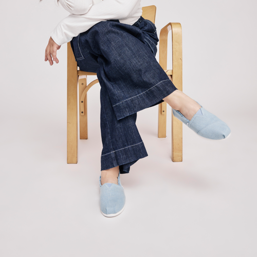 Alpargata In Light Blue Denim With Fringe Top Edge On Model