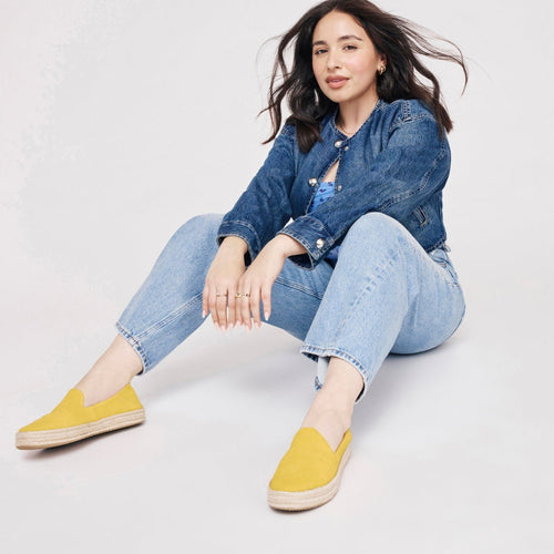 Compassionista Jacqueline Garcia Modeling Carolina Espadrille Rope Sole Shoe In Bright Pineapple Yellow