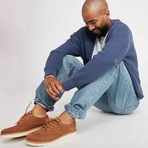 Navy Oxford Dress Casual Lace Up Shoe In Tan Suede On Model