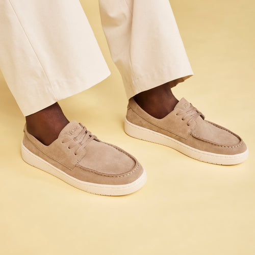 trvl lite london moc toe boat shoe loafer in tan suede up close on model