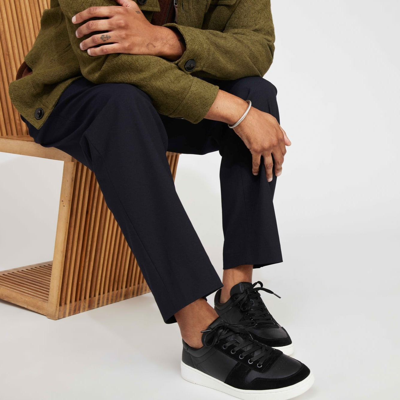 Men'S Court Sneaker In Black Mesh And Suede On Foot