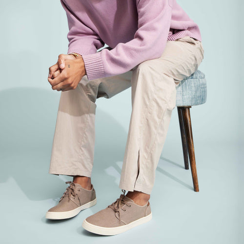 Carlo Taupe Lace Up Sneaker In Taupe Heritage Canvas On Model Wearing Khakis 