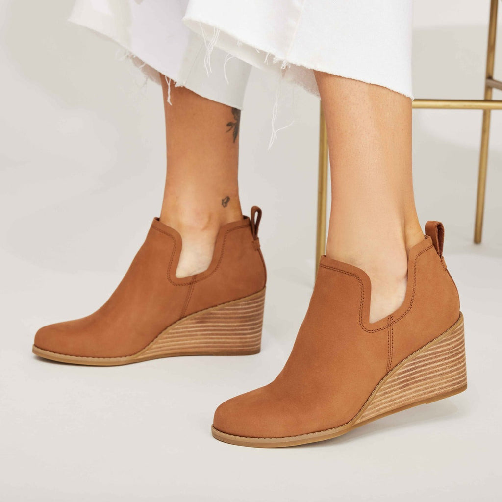 Kallie Tan Leather Ankle Boot On Model Up Close Detail Shot