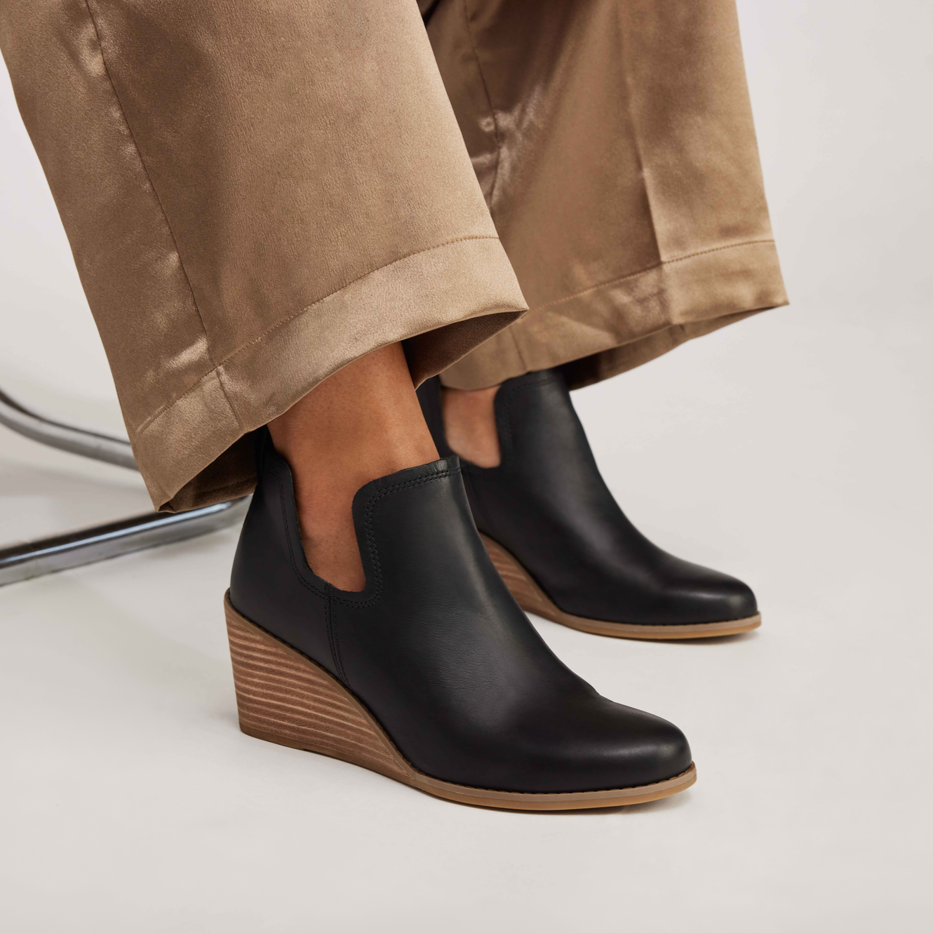 Kallie Black Leather Ankle Wedge Boot With Leather Wrap Stacked Heel On Model Detail Shot