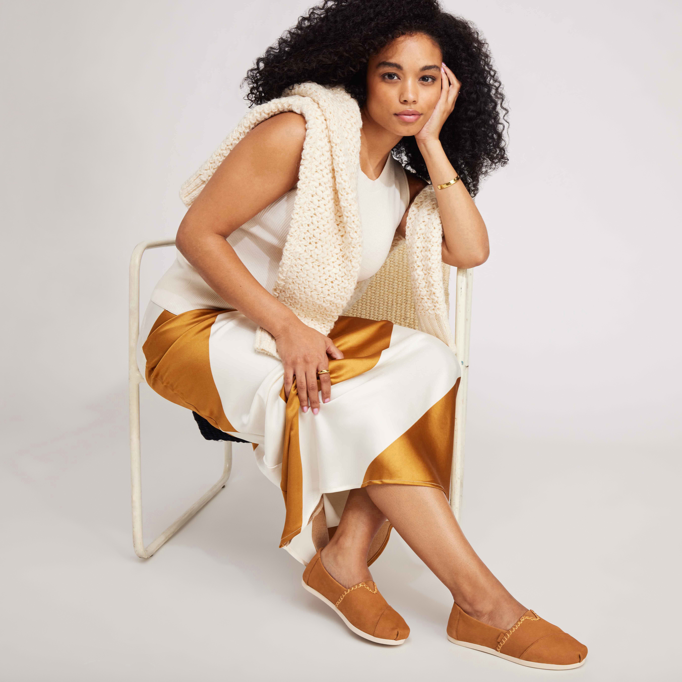 Alpargata In Tan Leather With Whip Contrast Stitching Across The Top Shown On Model