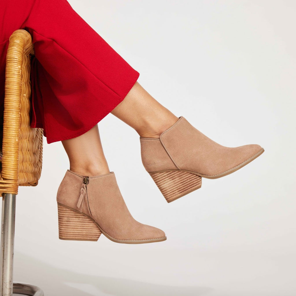 hadley boot in fawn suede on model up close detail shot