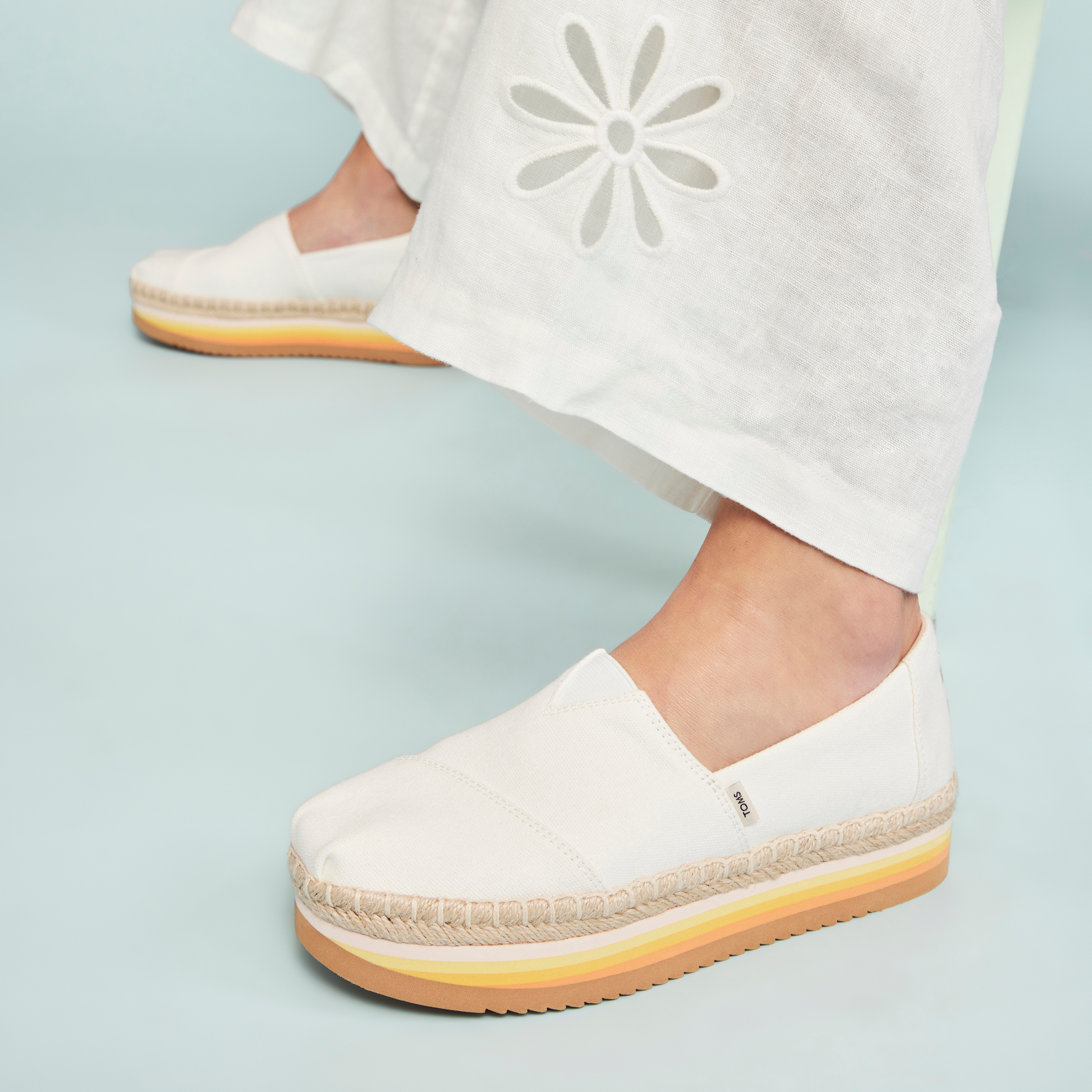 Alpargata Rope Sole Platform Shoe In White Canvas With Colorful Sunset Stripe