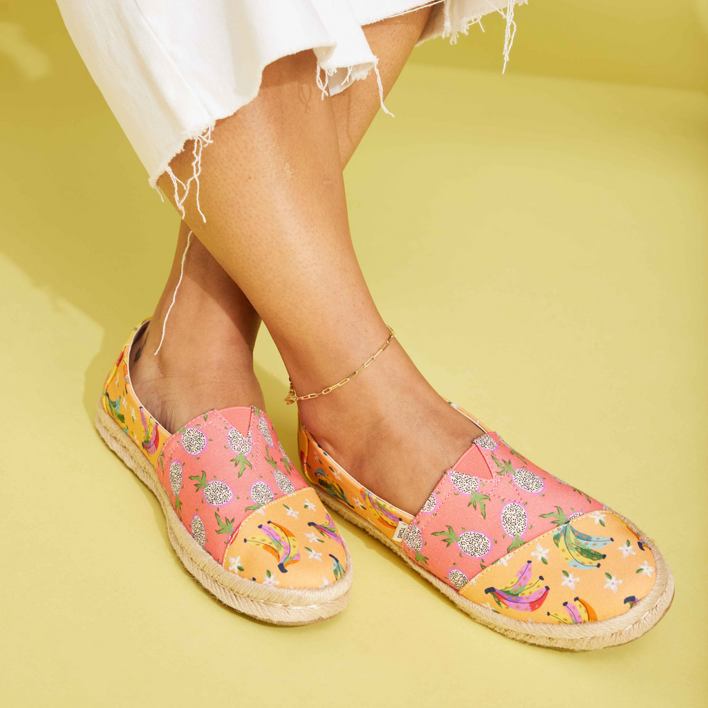 Alpargata Rope Wrap Espadrille With Colorful Fruit Print Shown On Model