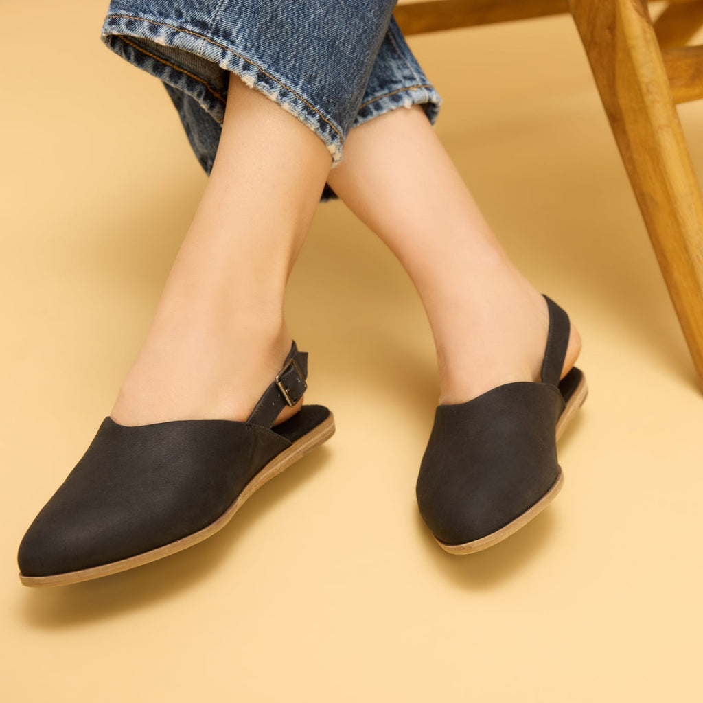 On figure image of the black Jade Slingback Flat