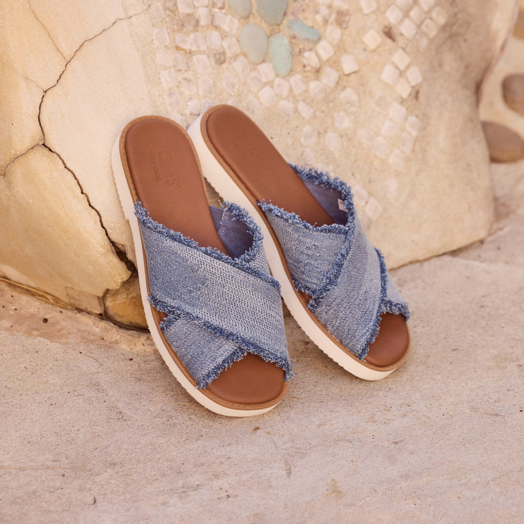 Laydown image of the Dark Sky Textured Denim Fray Mae Crossover Sandals