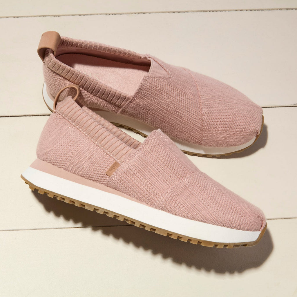 Laydown image of the pale rose metallic linen stripe Alpargata Resident 2.0